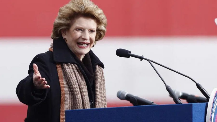 Sen. Debbie Stabenow, D-Mich., speaks outside the state Capitol in Lansing, Mich., Jan. 1, 2023.