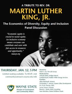 informational flyer about Wayne State University's 2023 tribute to Martin Luther King, Jr.