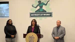 City of Detroit officials, including Mayor Mike Duggan, announced the city's unemployment rate fell below 7% during a press conference on Jan. 5, 2022.