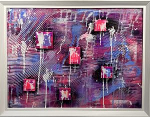 abstract painting with red and blue boxes and gray paint dripping down
