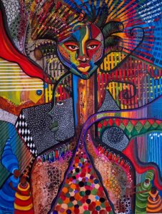 abstract painting of a woman with an afro depicted in deep jewel tones