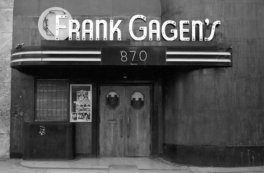 black and white historical image of a building with a sign that reads, "Frank Gagen's, 870."