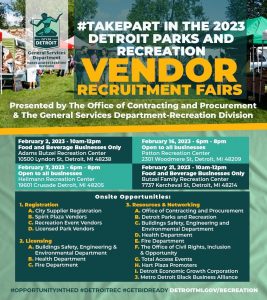 green and yellow flyer for Detroit Parks and Recreation's Vendor Recruitment Fairs, 2023
