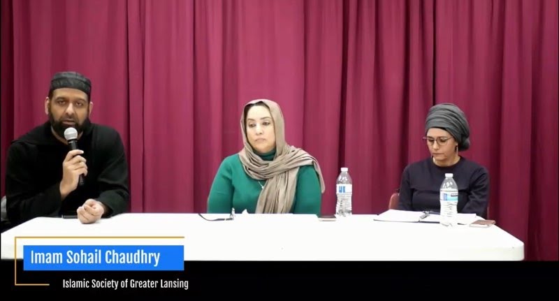Imam Sohail Chaudhry and Farha Abbasi address the MSU community 