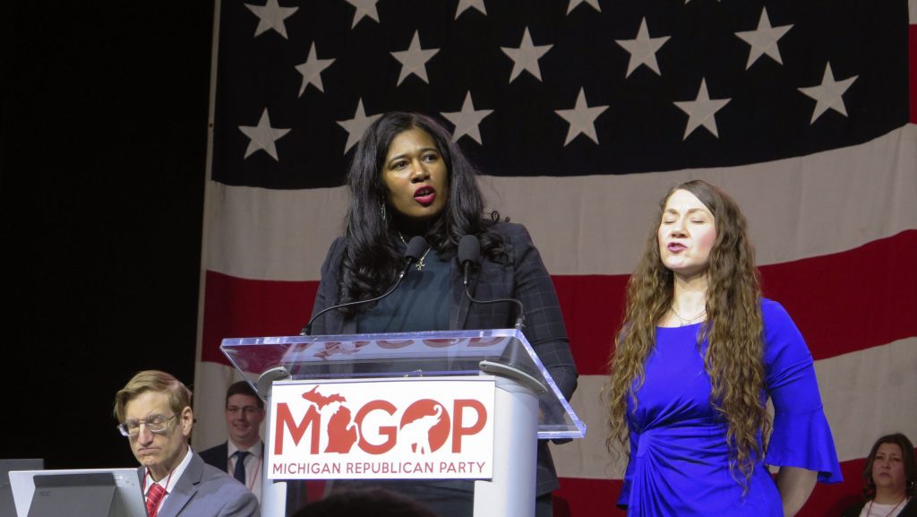 Kristina Karamo speaks to Michigan Republican Party delegates Saturday, Feb. 18, 2023, in Lansing, Mich.