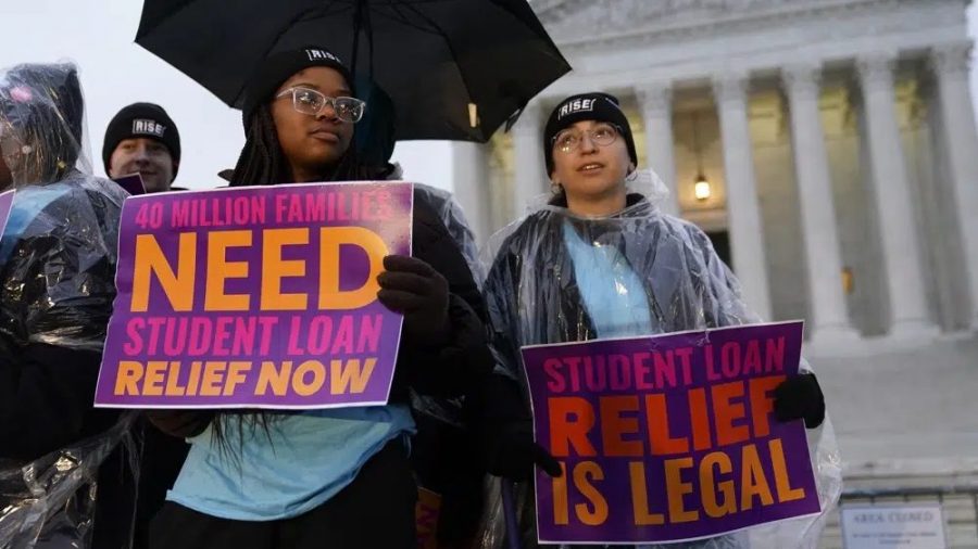 Student debt relief advocates gather outside the Supreme Court on Capitol Hill in Washington, Monday, Feb. 27, 2023, ahead of arguments over President Joe Biden's student debt relief plan.