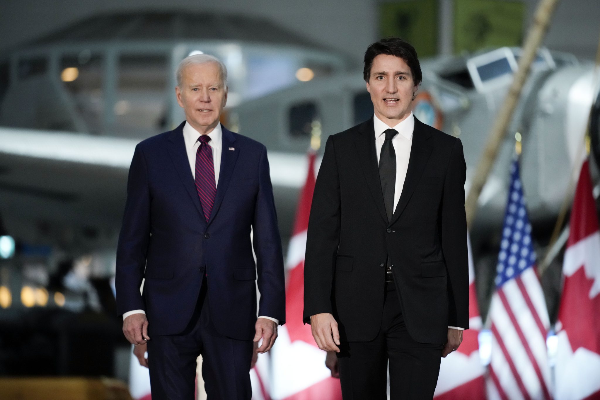 President Joe Biden and Canadian Prime Minister Justin Trudeau arrive for a Gala Dinner at the Canadian Aviation and Space Museum, Friday, March 24, 2023, in Ottawa, Canada.
