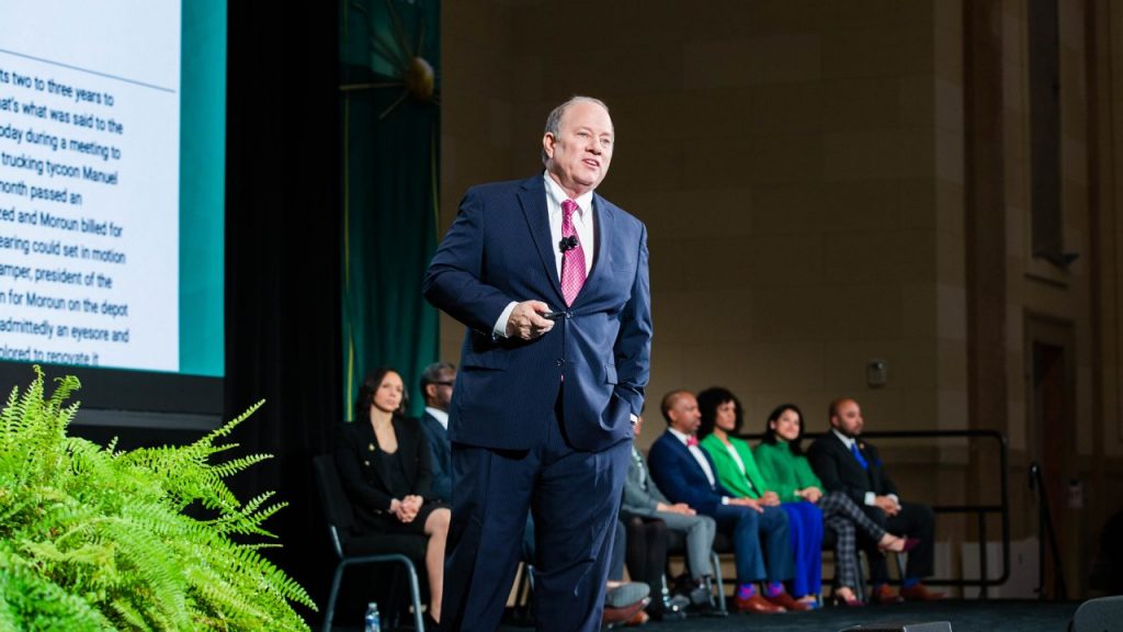 Detroit Mayor Mike Duggan gives his 10th State of the City address at Michigan Central Station in Detroit, Mich. on March 7, 2023.