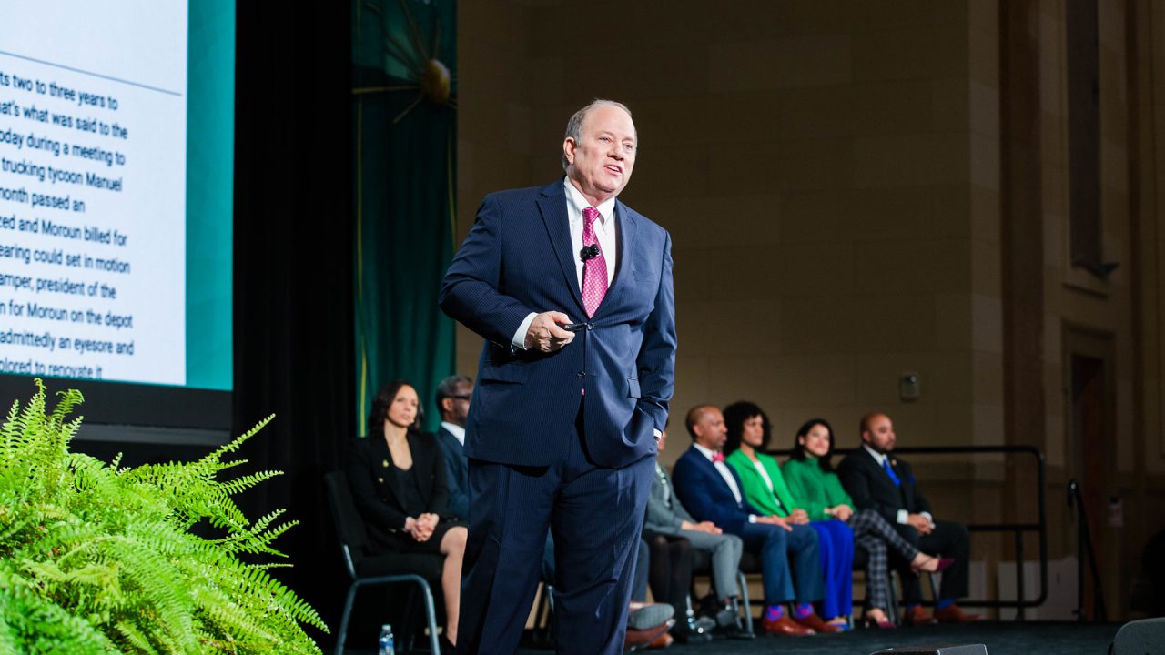 Detroit Mayor Mike Duggan gives his 10th State of the City address at Michigan Central Station in Detroit, Mich. on March 7, 2023.