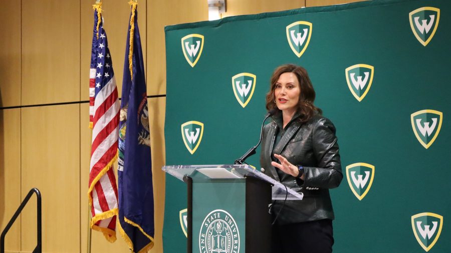 Michigan Gov. Gretchen Whitmer speaks at a news conference at Wayne State University in Detroit, Mich. on March 13, 2023.