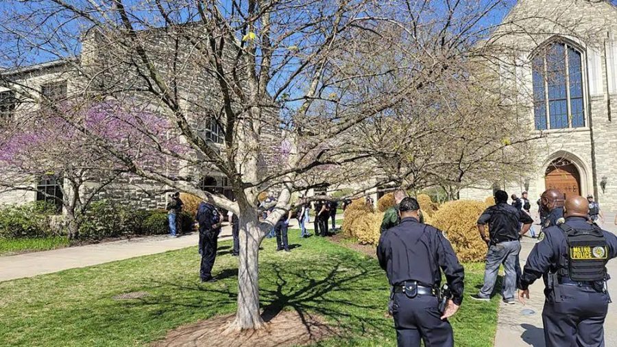 This photo provided by the Metro Nashville Police Department shows officers at an active shooter event that took place at Covenant School, Covenant Presbyterian Church, in Nashville, Tenn. Monday, March 27, 2023.