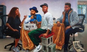 Mario Moore's painting, "The Council," which depicts three Black men and a Black woman talking at a table, wearing sweatshirts, sneakers and baseball hats.