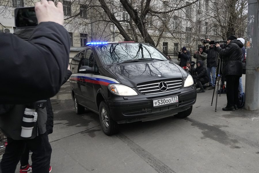 A van carrying Wall Street Journal reporter Evan Gershkovich leaves the Lefortovsky court, in Moscow, Russia, Thursday, March 30, 2023.