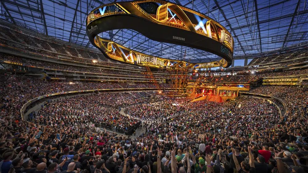 In this photo provided by WWE, Over 80,000 attend the first night of WrestleMania 39 at SoFi Stadium in Inglewood, Calif., Saturday, April 1, 2023.