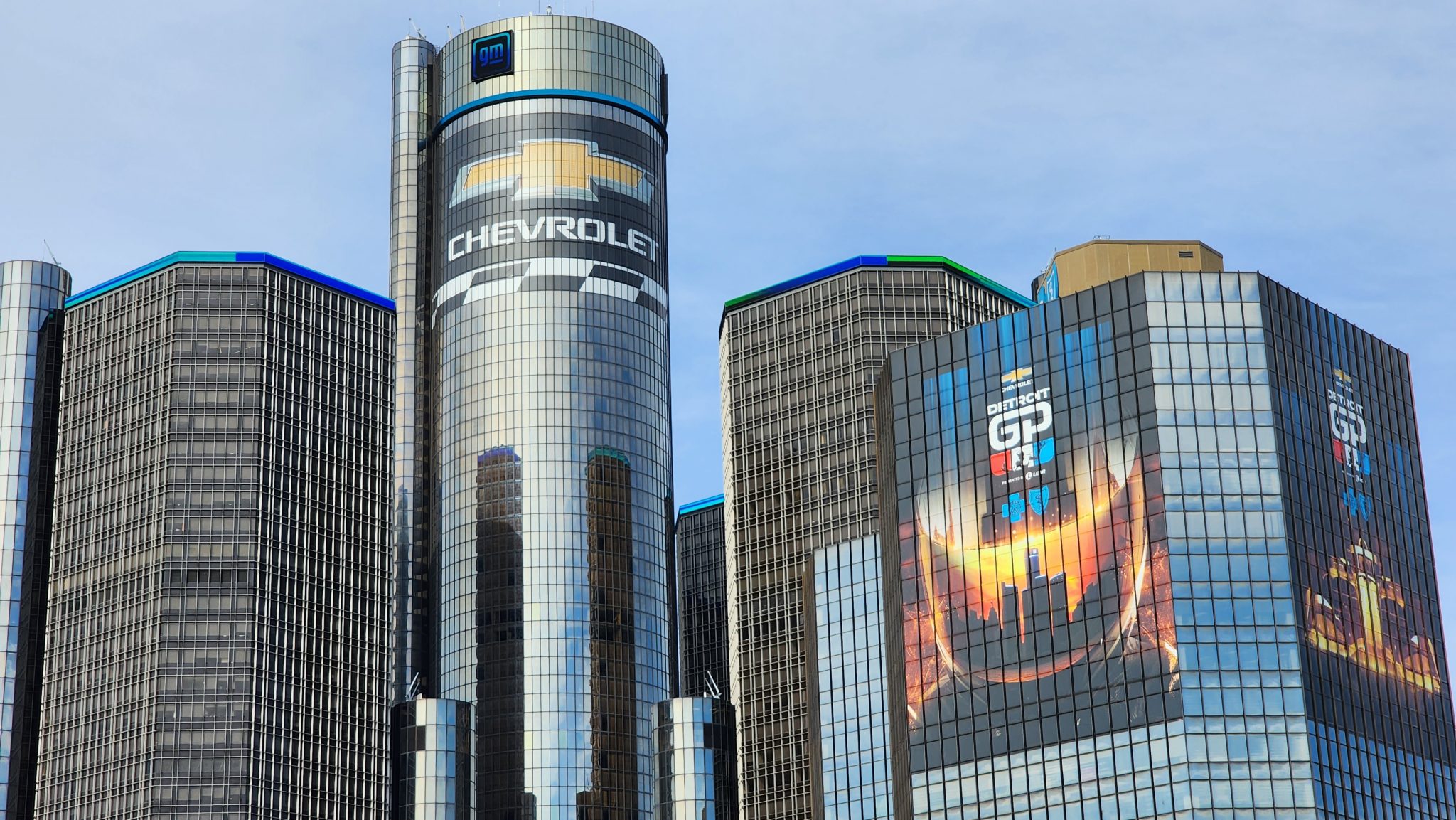 The Renaissance Center stands decorated for the 2023 Detroit Grand Prix.