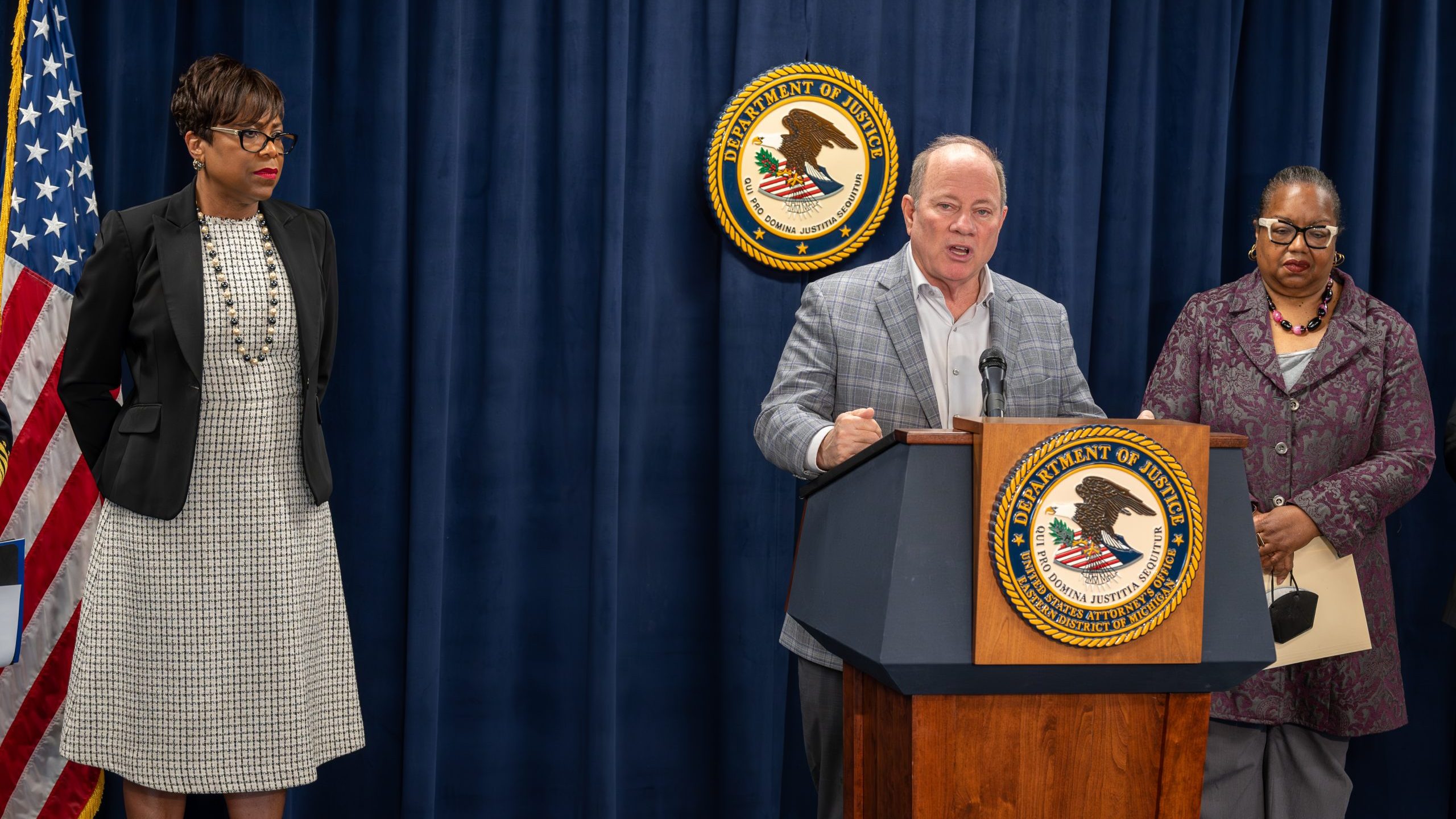 Detroit Mayor Mike Duggan speaks at a May 24, 2023 press conference in Detroit, Mich. discussing summer policing strategies.