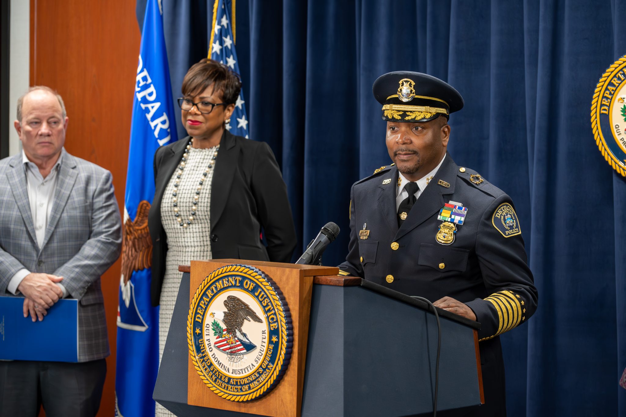 Detroit Police Chief James White speaks at a press conference discussing summer policing strategies for the city.
