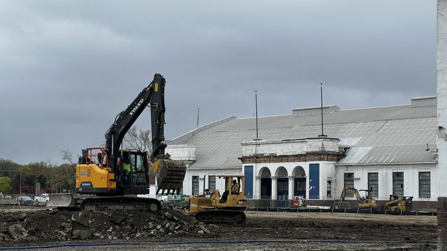 Construction crew works on the old Michigan State Fairgrounds to build the new State Fair Transit Center.