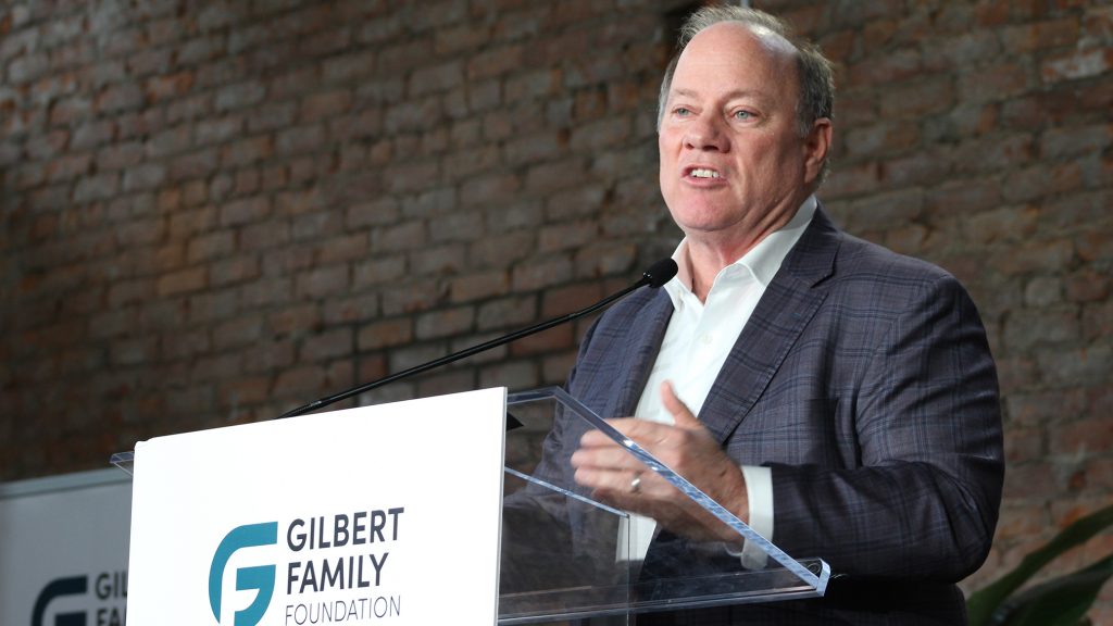 Detroit Mayor Mike Duggan speaks at a Gilbert Family Foundation press conference on May 18, 2023 in Detroit, Mich.