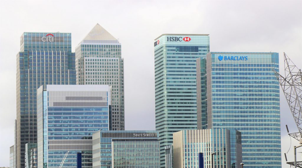 A photo showing a city skyline filled with bank skyscrapers.