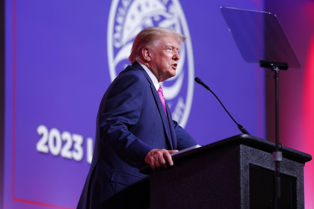 Former President Donald Trump speaks during the Oakland County Republican Party's Lincoln Day Dinner, Sunday, June 25, 2023, in Novi, Mich.