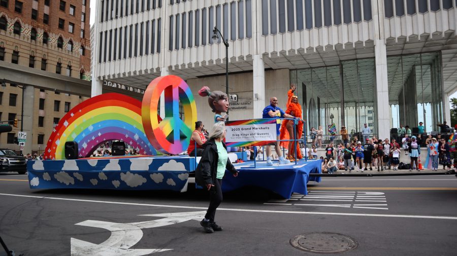 The Grand Marshals of the 2023 Motor City Pride Parade greet attendees on June 11, 2023 in Detroit, Mich.