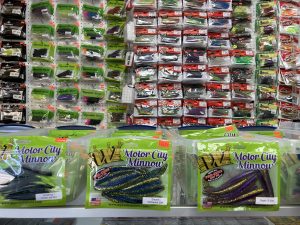 Rows of individually-packaged glittery fishing lures
