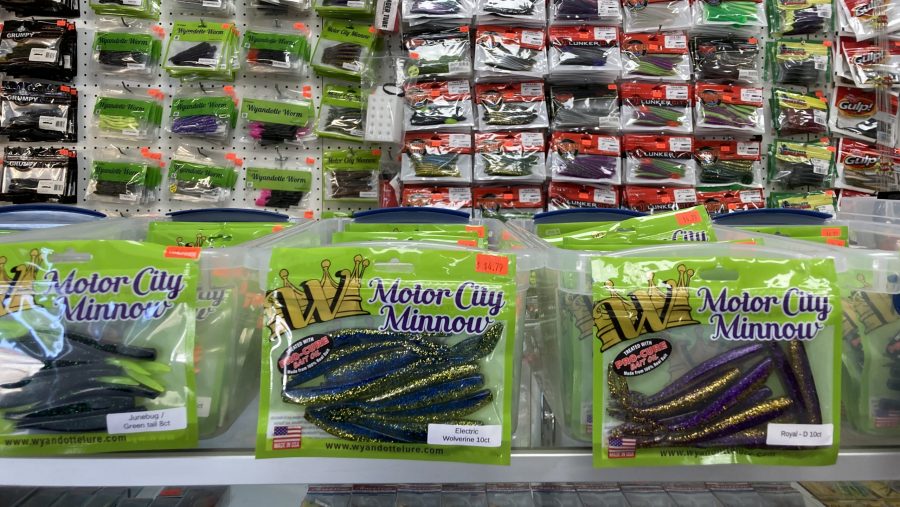Rows of individually-packaged colorful fishing lures