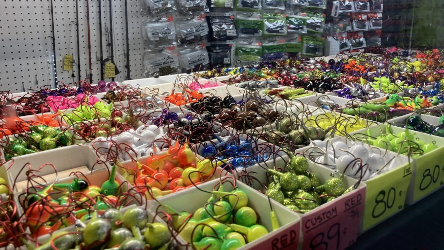 Boxes of colorful fishing bait and bobbers