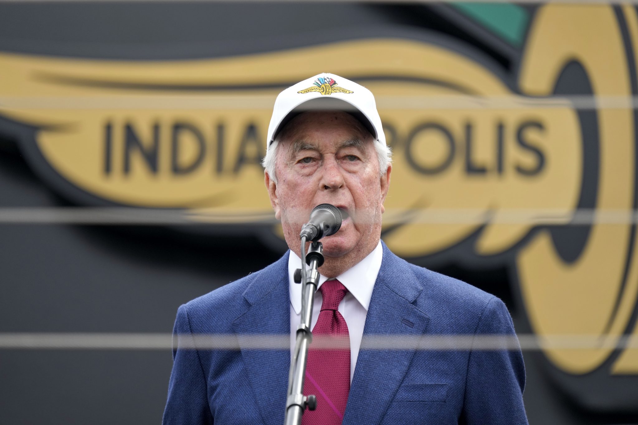 Indianapolis Motor Speedway owner Roger Penske delivers the command "ladies and gentlemen start your engines" before the start of the Indianapolis 500 auto race at Indianapolis Motor Speedway in Indianapolis, Sunday, May 28, 2023.