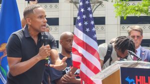 Actor Hill Harper speaking at an event in Detroit, Mich. on July 11, 2023, launching his Democratic party nomination bid for U.S. Senate.