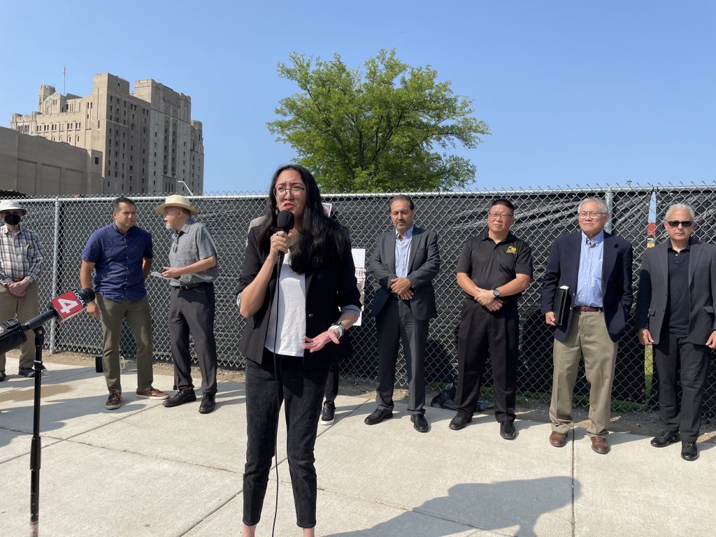 Rising Voices co-executive director Jasmine Rivera speaks at an event on July 31, 2023, in Detroit, Mich.