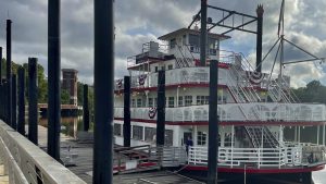 The Harriott II riverboat sits docked in Montgomery, Ala., on Tuesday, Aug. 8, 2023.