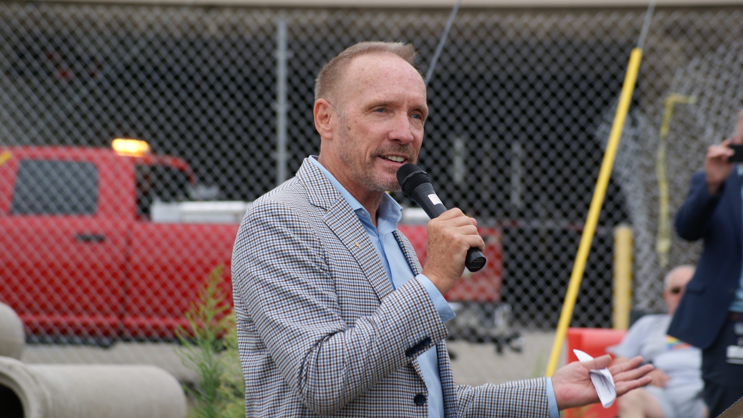 Oakland County Executive Dave Coulter speaks at a groundbreaking ceremony for an affordable housing project in Ferndale, Mich. on Aug. 23, 2023.