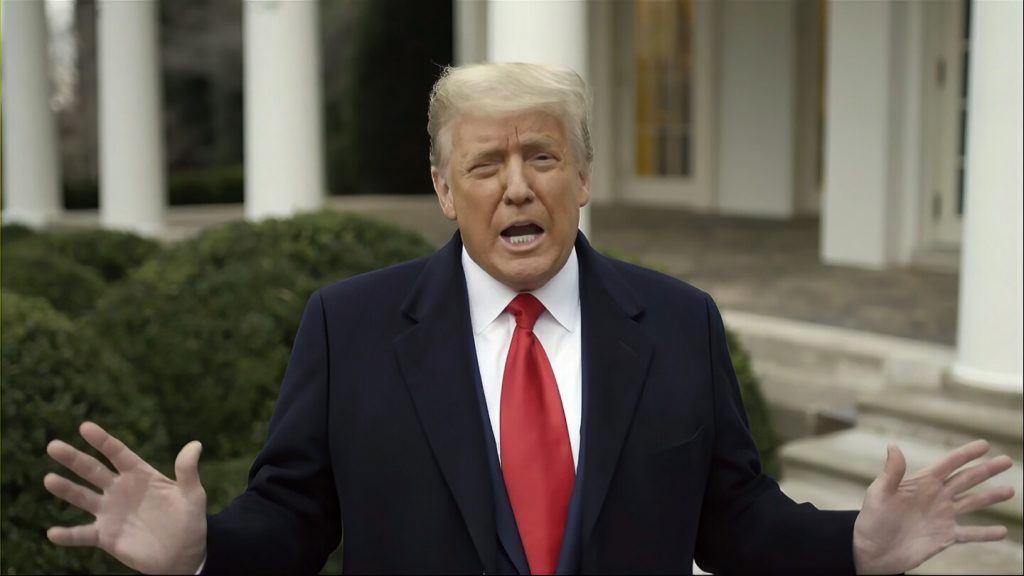 FILE - This exhibit from video released by the House Select Committee, shows President Donald Trump recording a video statement on the afternoon of Jan. 6, 2021, from the Rose Garden, displayed at a hearing by the House select committee investigating the Jan. 6 attack on the U.S. Capitol.