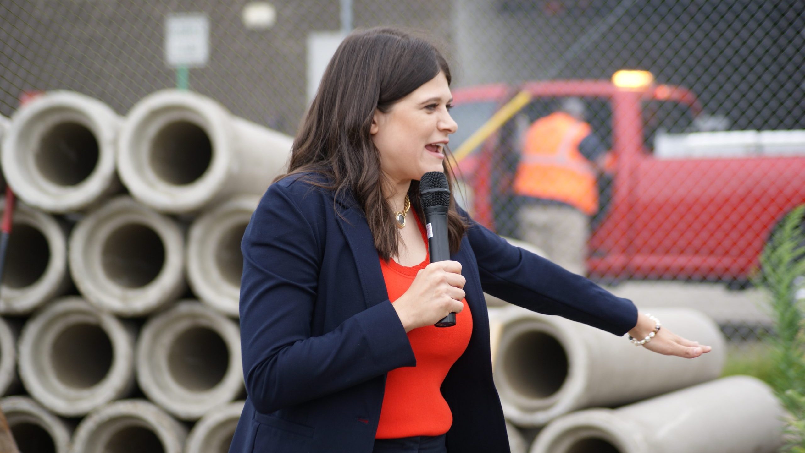 U.S. Rep. Haley Stevens speaks at a groundbreaking ceremony for an affordable housing project in Ferndale, Mich. on Aug. 23, 2023.