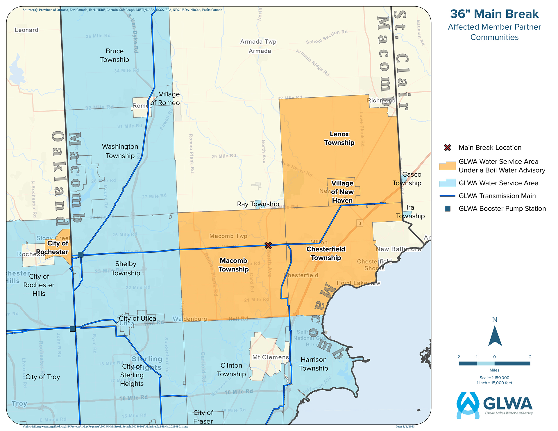 Map of affected communities in Macomb County under a boil water advisory.
