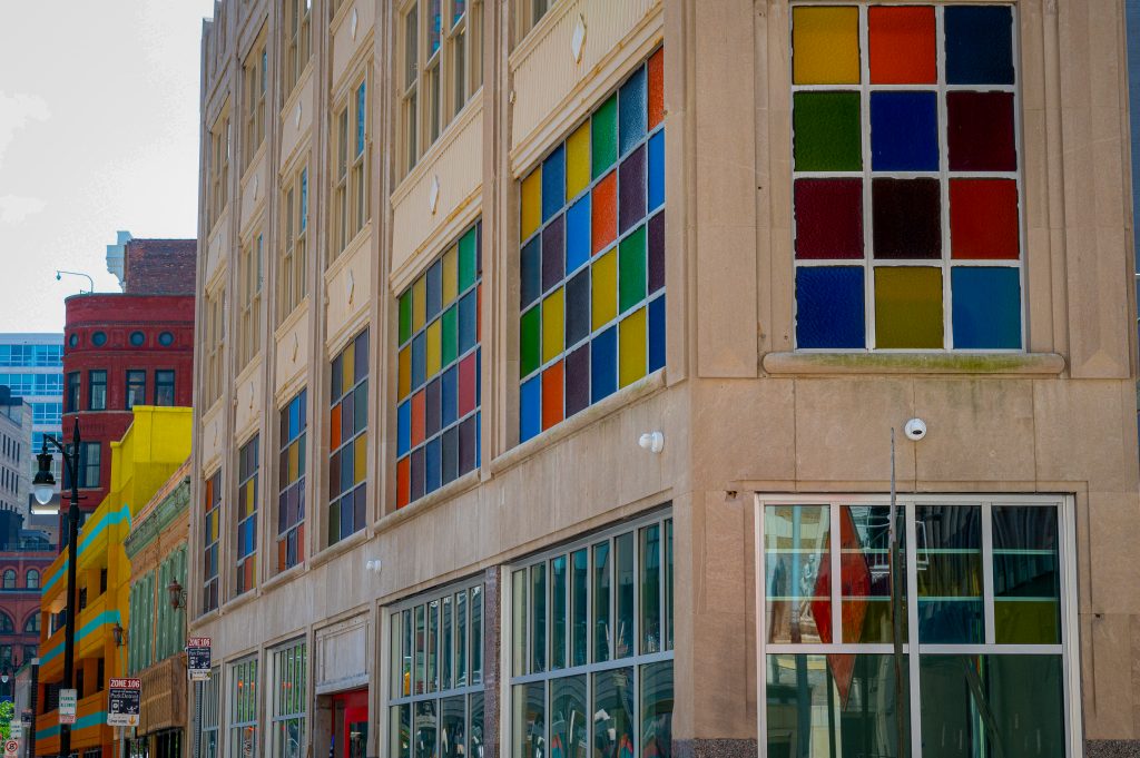 The stained glass exterior of Detroit's Downtown Synagogue.