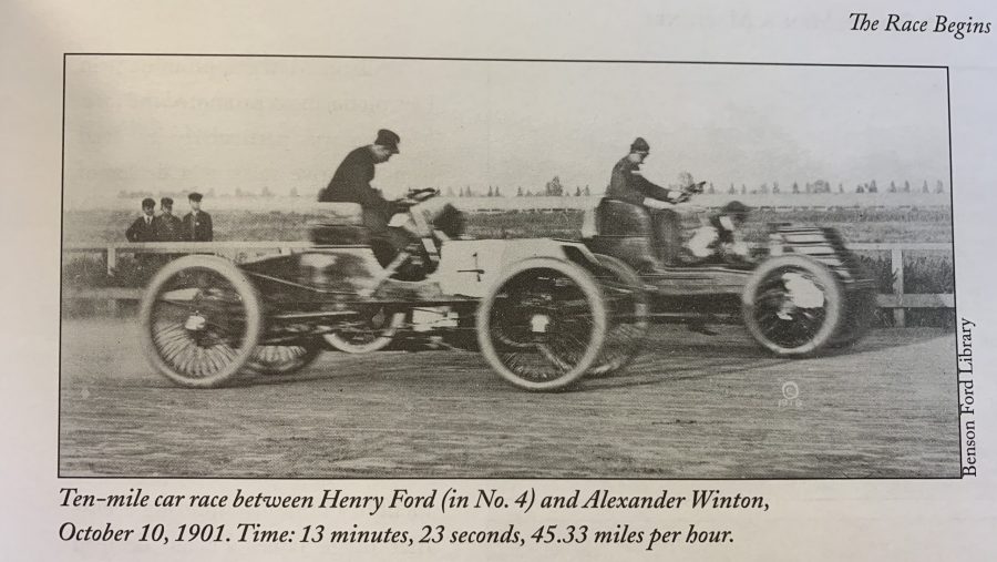 Archival image of Henry Ford racing Alexander Winton in 1901 automobiles.