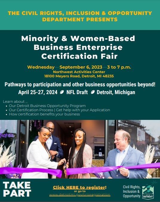 A flyer promoting the city of Detroit's business certification fair.