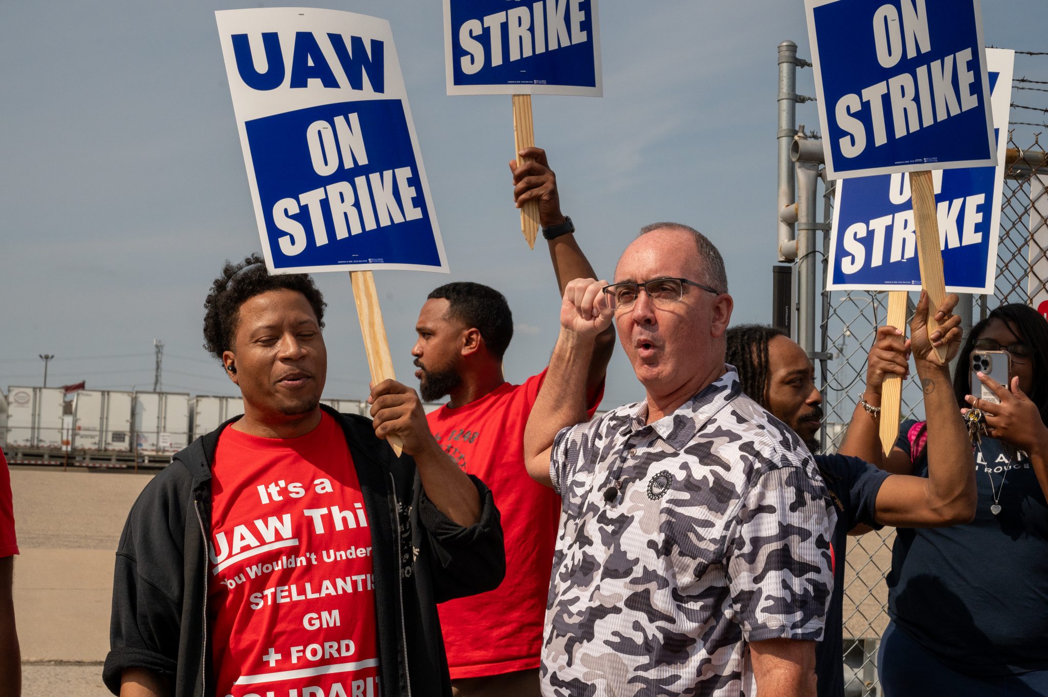 UAW President Shawn Fain walks the picket lines outside the Mopar plant in Center Line, Mich on Sept. 22, 2023.