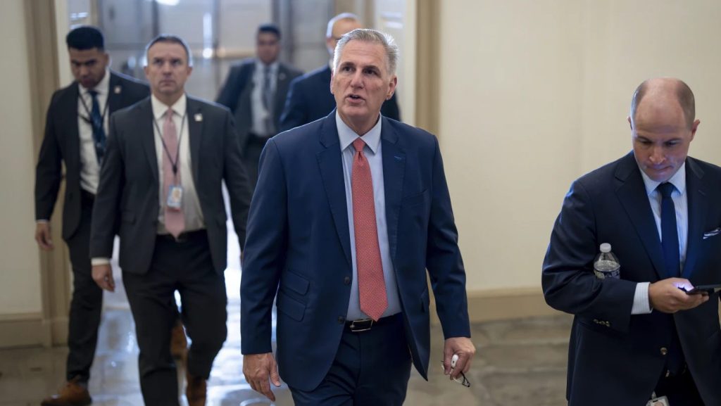 Speaker of the House Kevin McCarthy, R-Calif., arrives at the Capitol in Washington, early Tuesday, Sept. 12, 2023, as Congress faces a deadline to fund the government by the end of the month, or risk a potentially devastating federal shutdown.