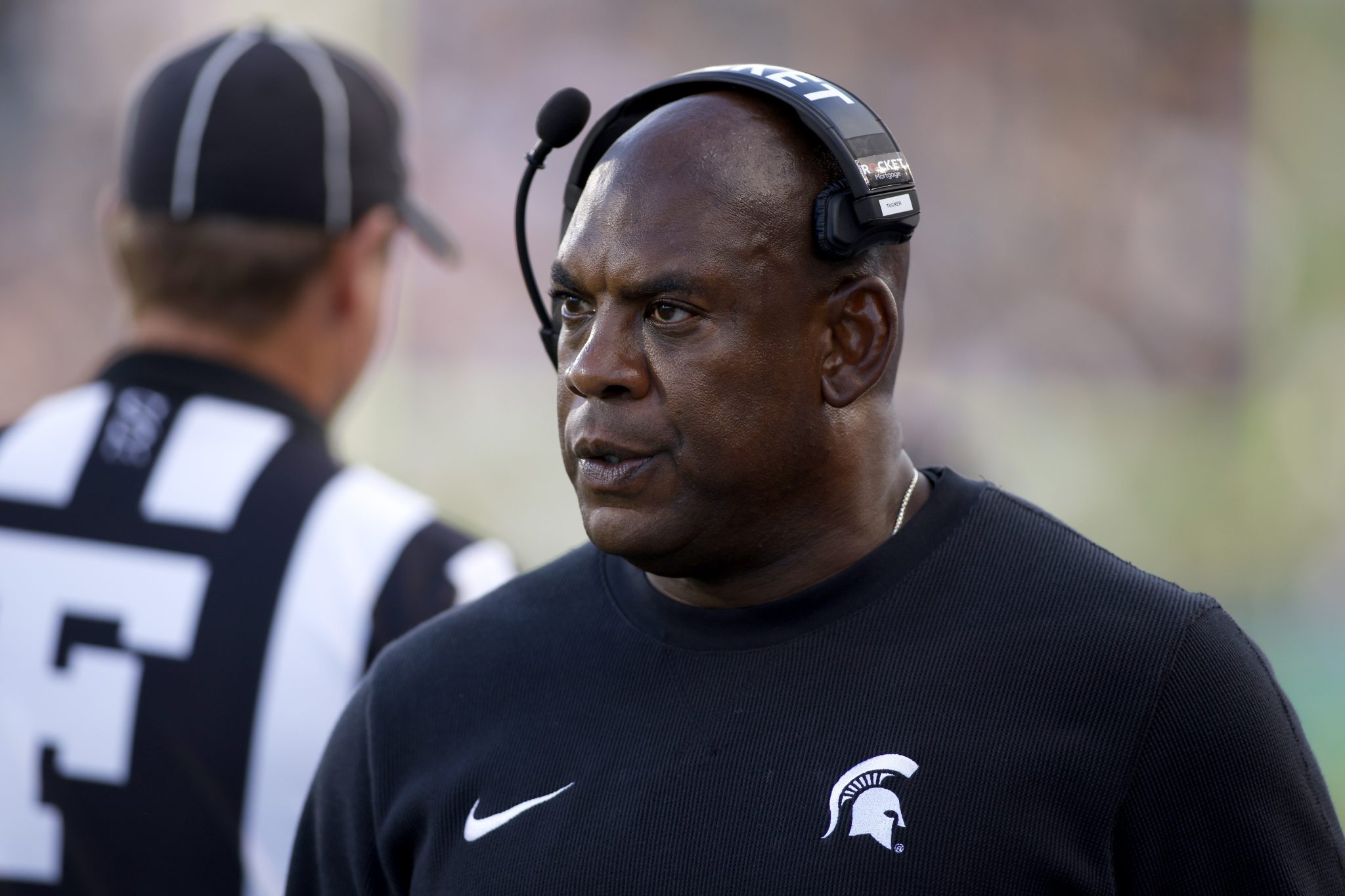 Michigan State coach Mel Tucker watches during an NCAA college football game against Richmond, Saturday, Sept. 9, 2023, in East Lansing, Mich.