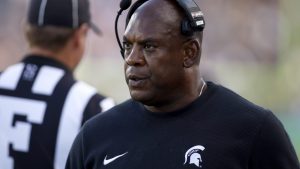 Michigan State coach Mel Tucker watches during an NCAA college football game against Richmond, Saturday, Sept. 9, 2023, in East Lansing, Mich.