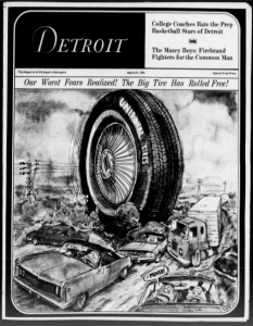 The front page of the Detroit Free Press on March 31, 1974 features a satirical story where the Uniroyal Giant Tire rolls free.