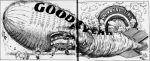 Cartoon of the Uniroyal Giant Tire running over a Goodyear blimp from 1974