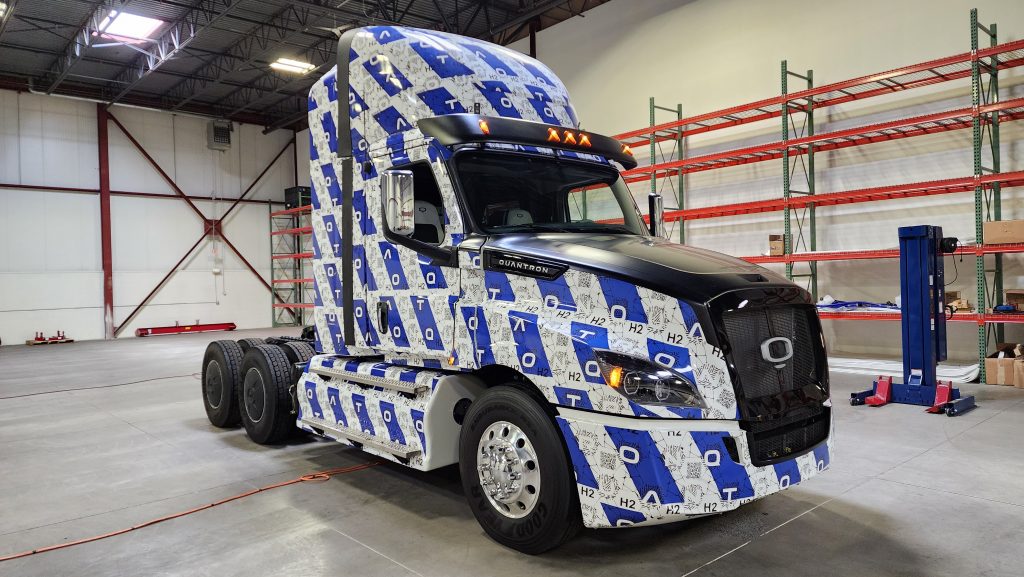 A hydrogen semi-truck sitting inside Quantron's Auburn Hills, Mich facility.