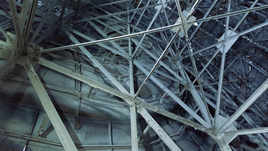 Interior of the Giant Tire with rows and rows of metal scaffolding
