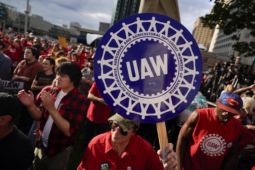 United Auto Workers members attend a rally in Detroit, Sept. 15, 2023.