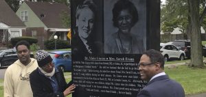 From left, relatives of Sarah Evans and Detroit Deputy Mayor Todd Jettison view a 7-foot-tall granite monument commemorating Evans and her friend, Viola Liuzzo on Thursday, Sept. 28, 2023 at Viola Liuzzo Park in Detroit. Liuzzo was a white mother who was slain in Alabama while shuttling demonstrators after the 1965 Selma-to-Montgomery voting rights March.